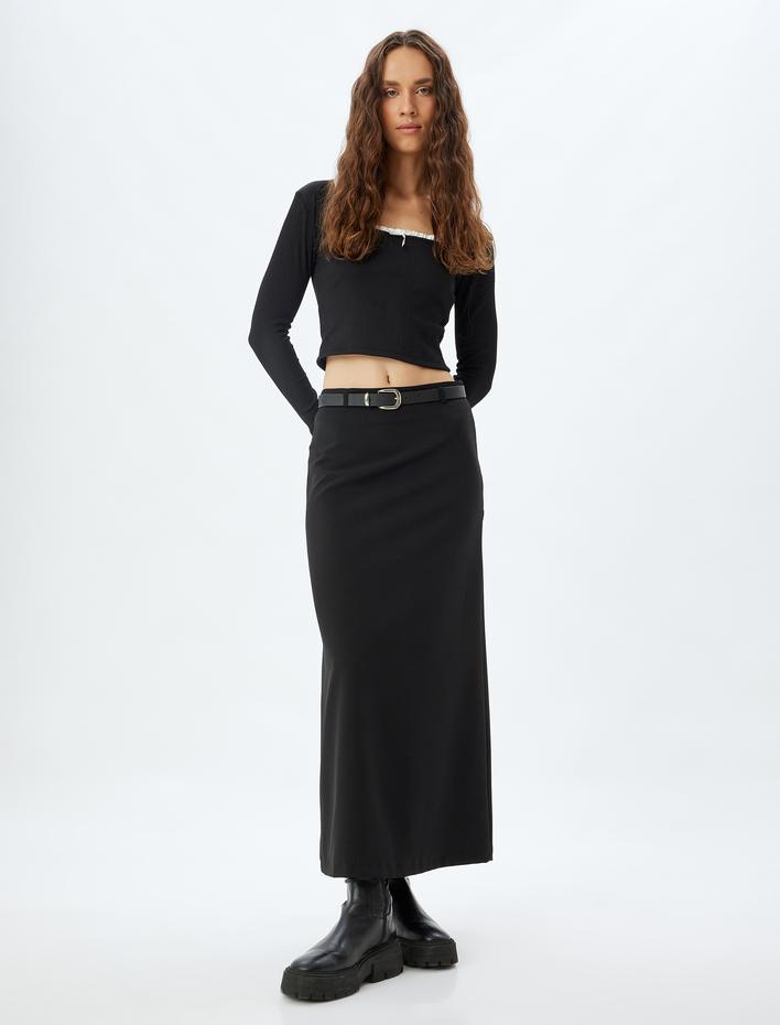  Crop Tişört Uzun Kollu Fiyonklu Slim Fit Kare Yaka Bürümcük