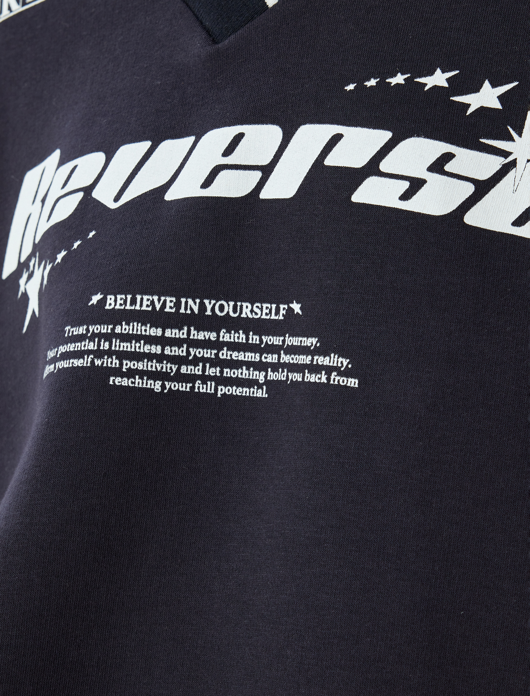   Şardonlu Oversize Sweatshirt V Yaka Slogan Baskılı Biyeli