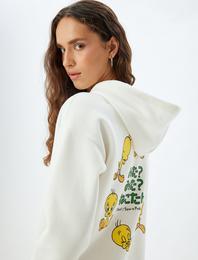 Tweety Oversize Sweatshirt Kapüşonlu Arkası Baskılı Lisanslı