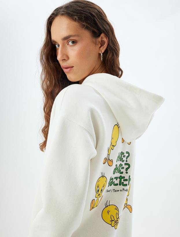 Tweety Oversize Sweatshirt Kapüşonlu Arkası Baskılı Lisanslı_0