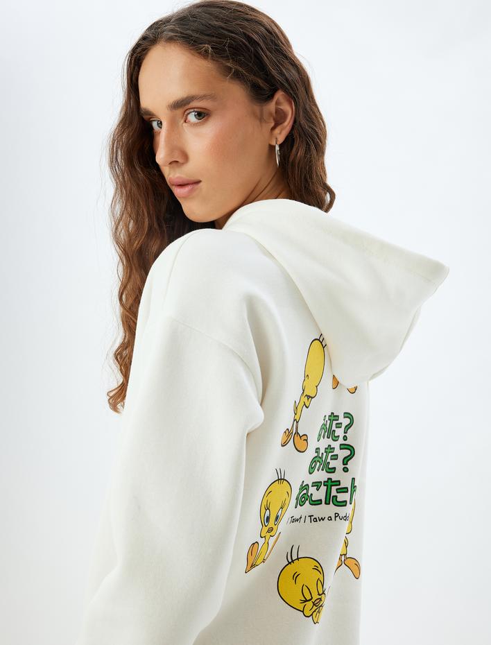  Tweety Oversize Sweatshirt Kapüşonlu Arkası Baskılı Lisanslı