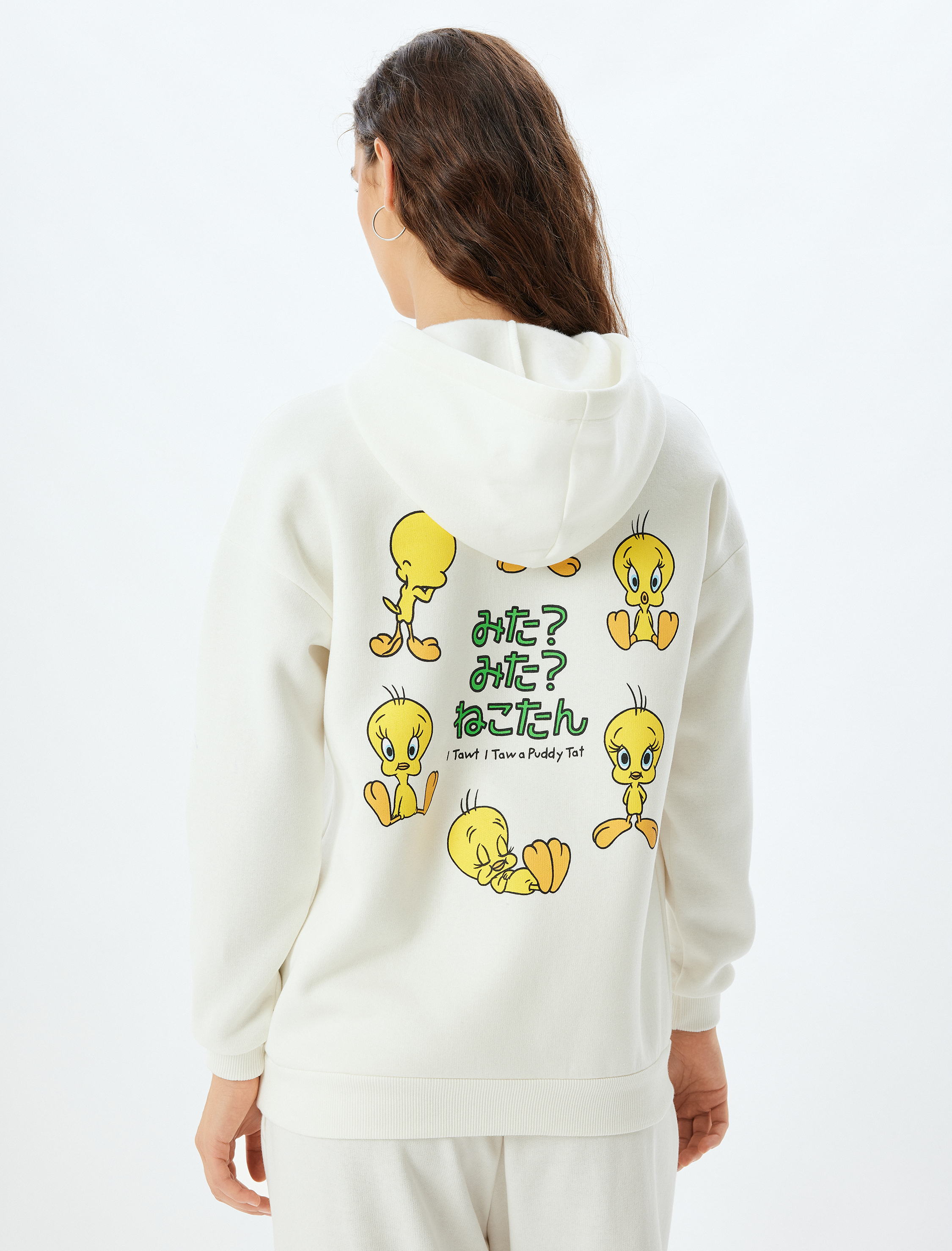   Şardonlu Tweety Oversize Sweatshirt Kapüşonlu Arkası Baskılı Lisanslı