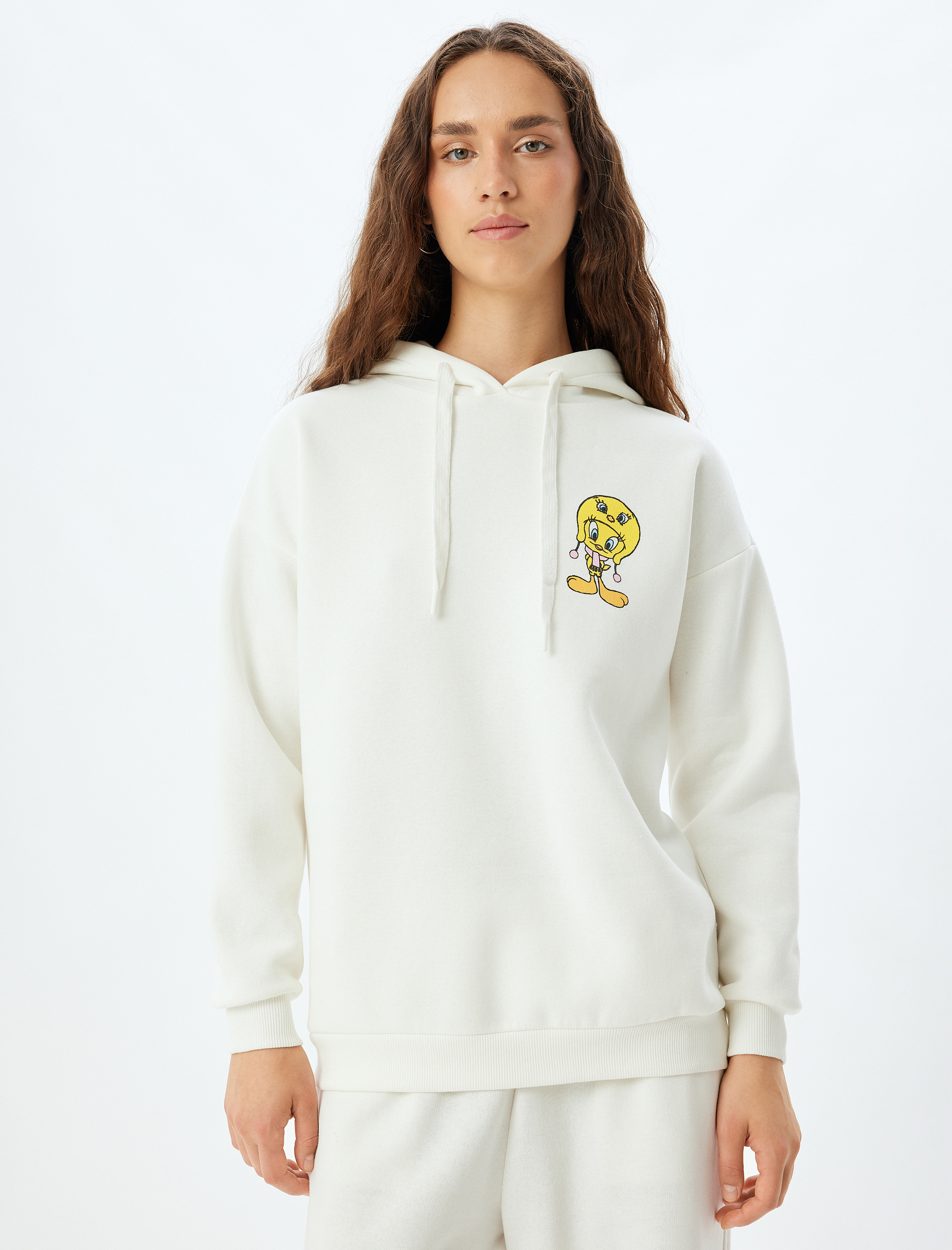   Şardonlu Tweety Oversize Sweatshirt Kapüşonlu Arkası Baskılı Lisanslı