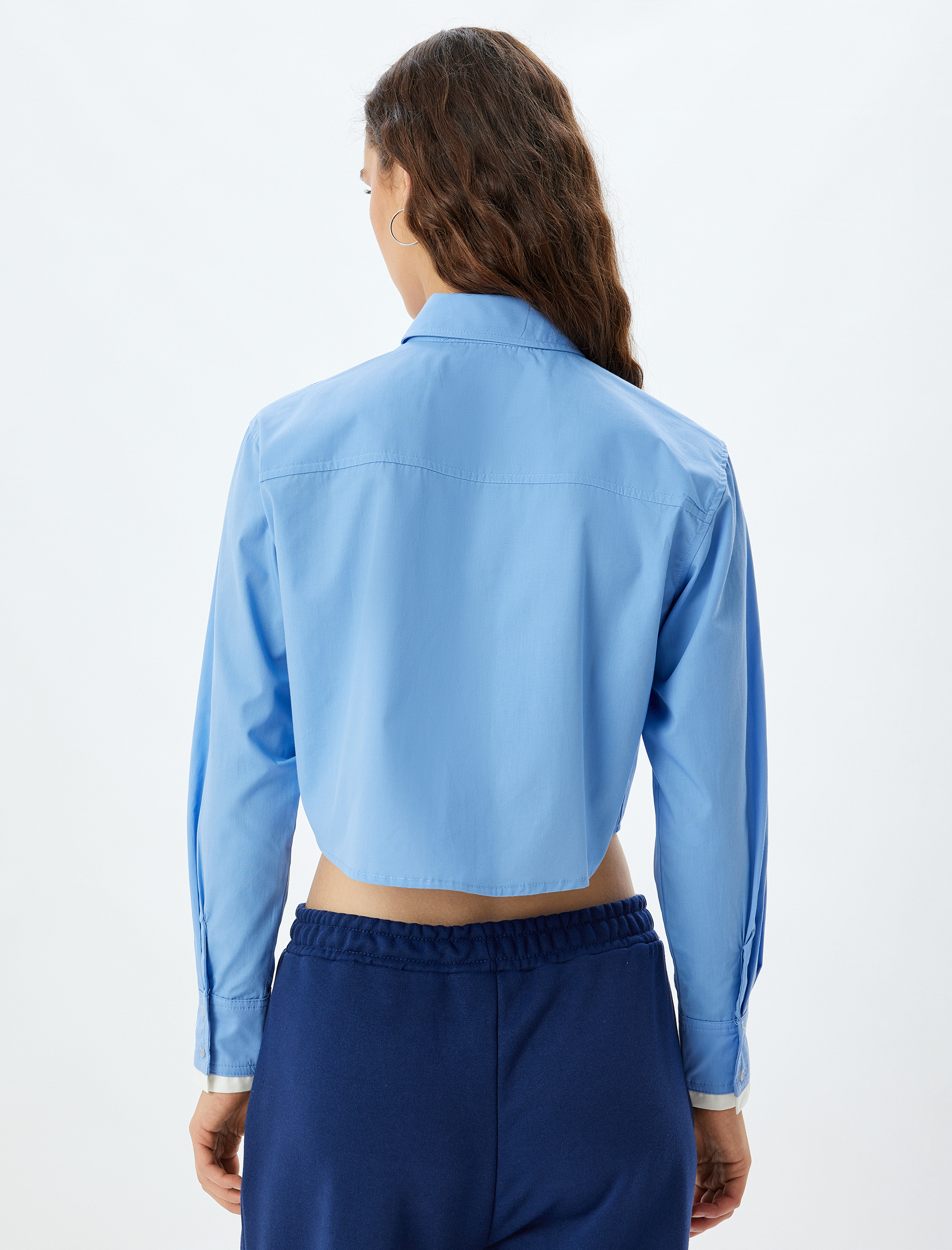 Crop Poplin Gömlek Klasik Yaka Düğmeli Renk Bloklu Cep Detaylı