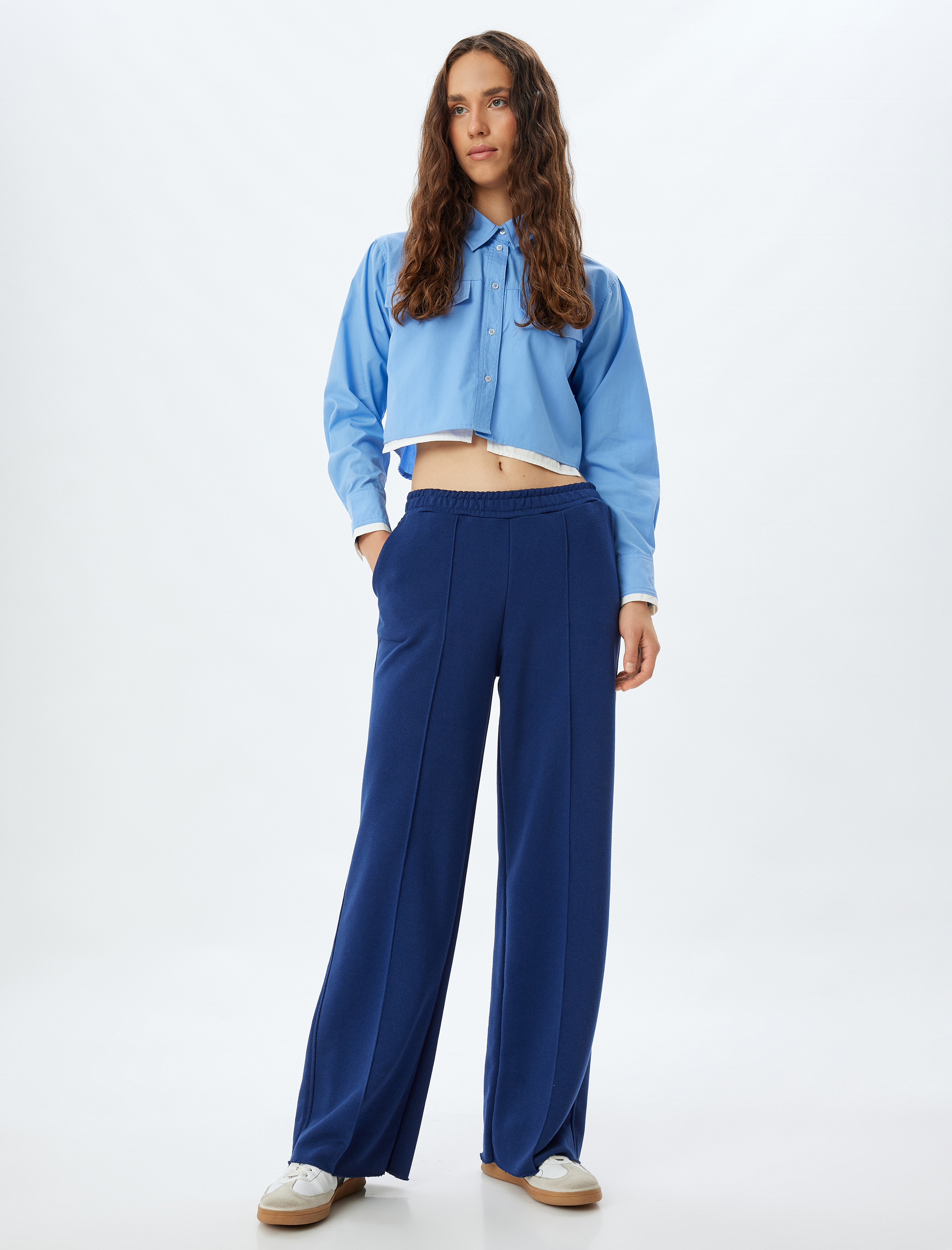 Crop Poplin Gömlek Klasik Yaka Düğmeli Renk Bloklu Cep Detaylı