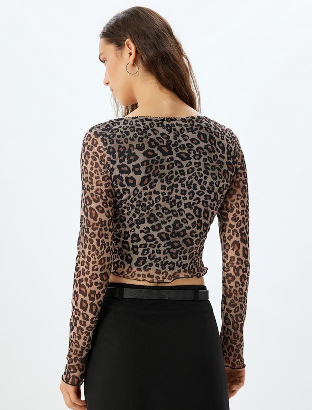 Leopar Desenli Tül Crop Tişört Fiyonklu Uzun Kollu Kare Yaka Slim Fit_3