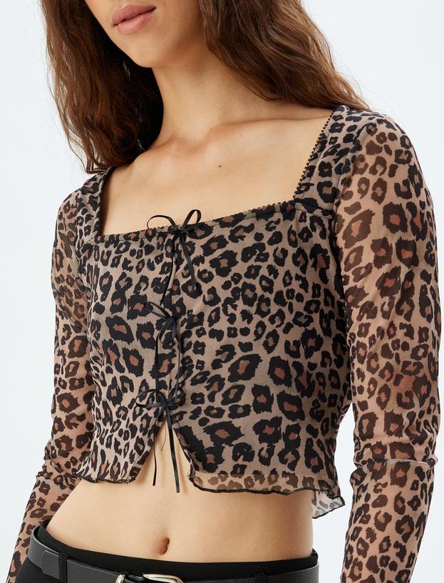 Leopar Desenli Tül Crop Tişört Fiyonklu Uzun Kollu Kare Yaka Slim Fit_4