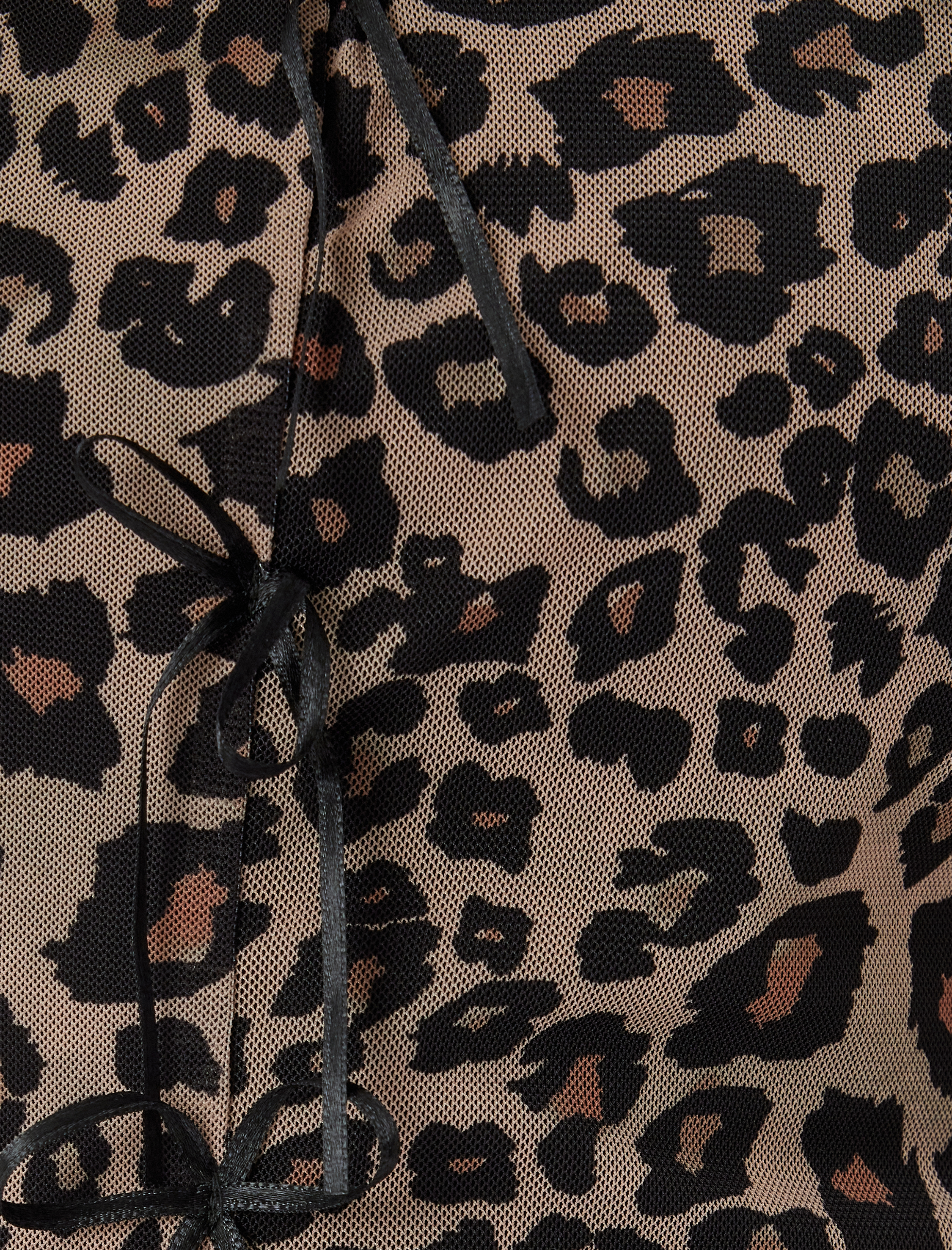   Leopar Desenli Tül Crop Tişört Fiyonklu Uzun Kollu Kare Yaka Slim Fit