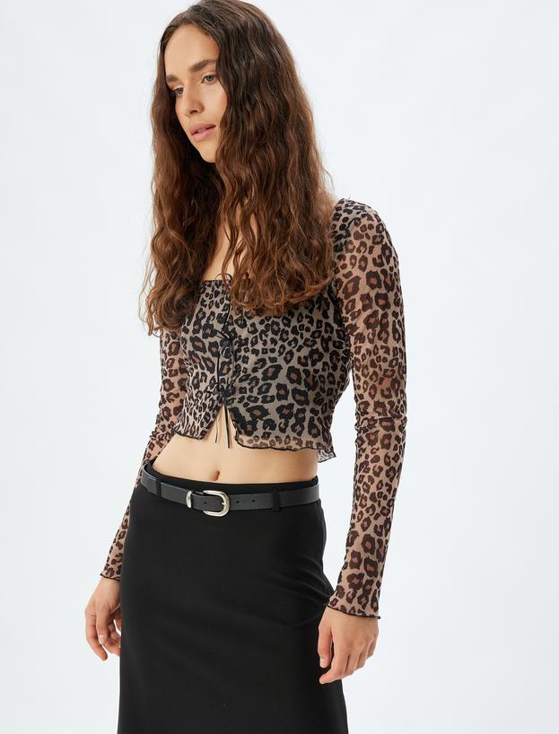 Leopar Desenli Tül Crop Tişört Fiyonklu Uzun Kollu Kare Yaka Slim Fit_0