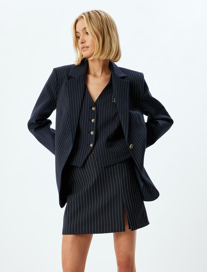  Yırtmaç Detaylı Çizgili Mini Etek