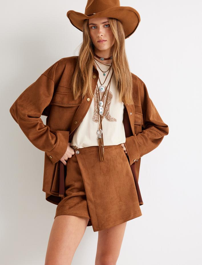  Süet Mini Etek Kruvaze Standart Bel