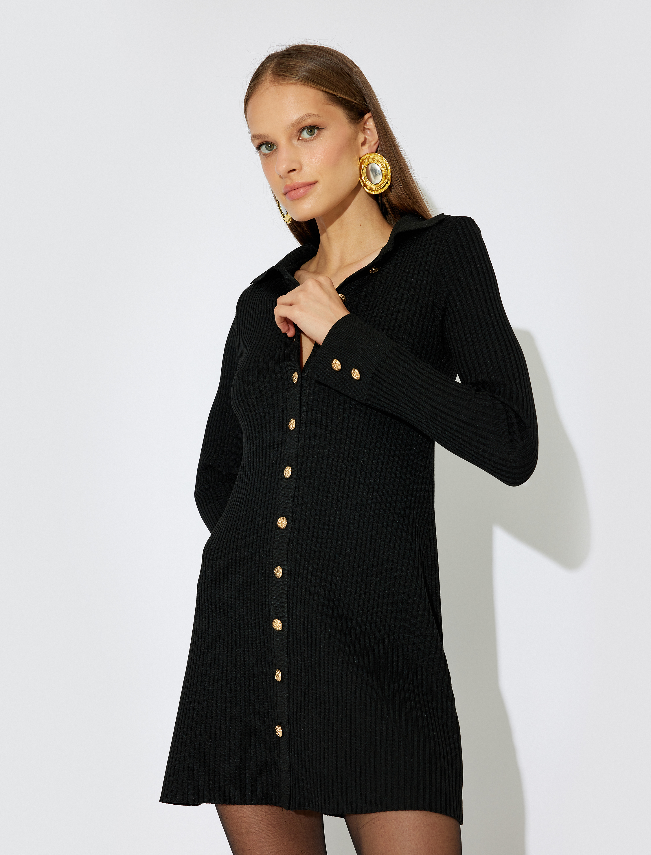 Koton X Zeynep Bastık - Triko Elbise Polo Yaka Mini Boy Düğmeli Uzun Kollu