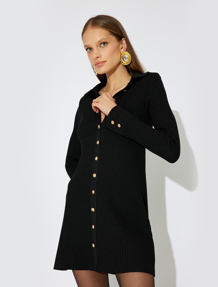  Koton X Zeynep Bastık - Triko Elbise Polo Yaka Mini Boy Düğmeli Uzun Kollu