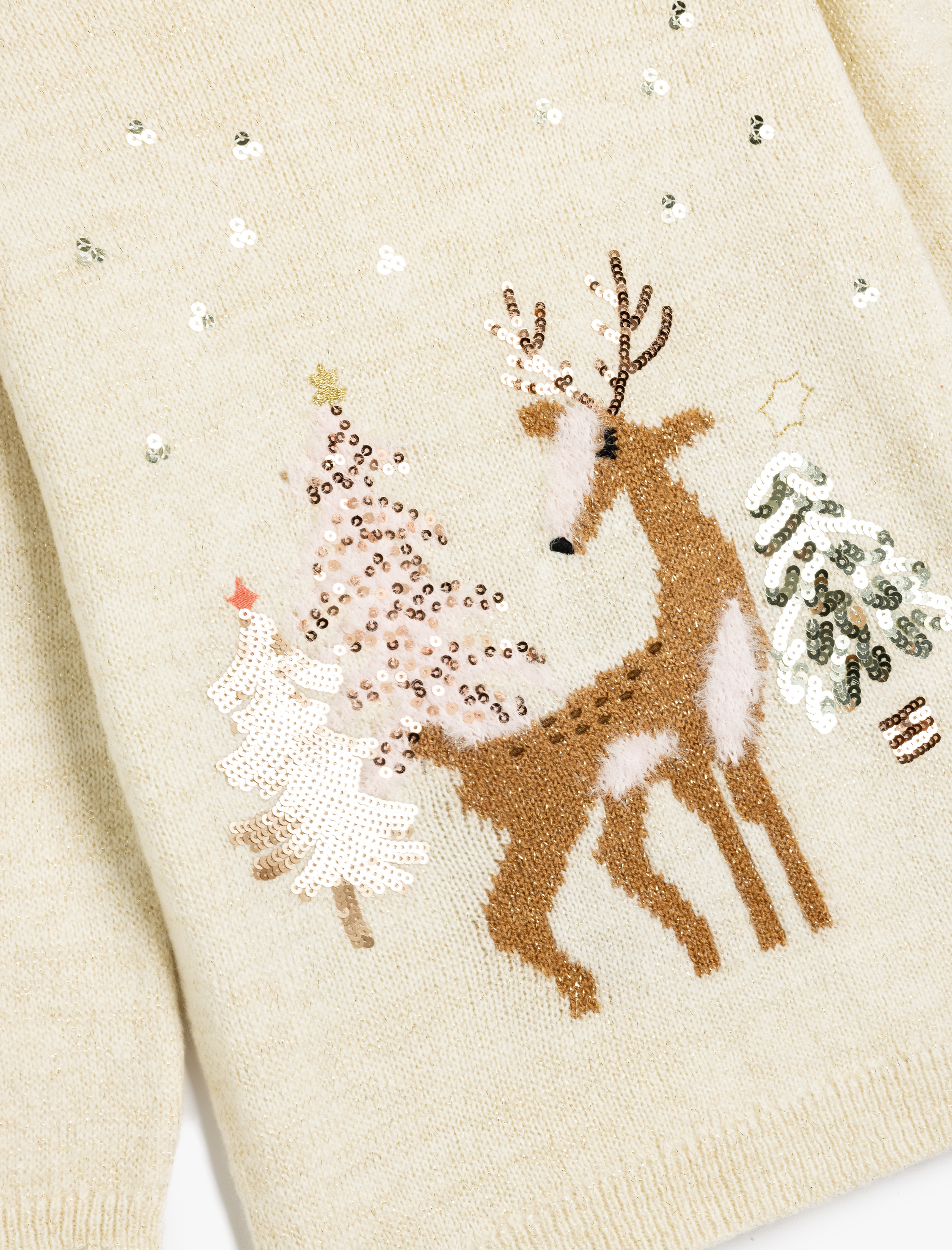  Kız Çocuk Pullu Payetli Geyik İşlemeli Uzun Kollu Triko Kazak