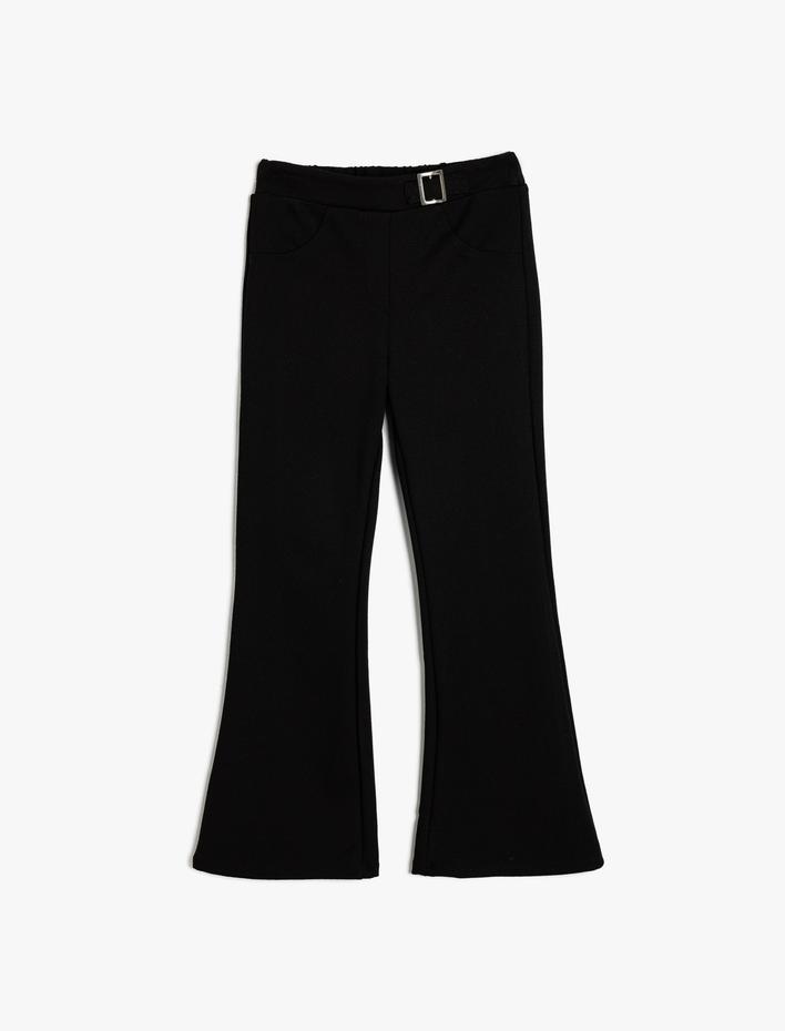 Kız Çocuk İspanyol Paça Pantolon Slim Fit Metal Toka Detaylı Viskon Karışımlı