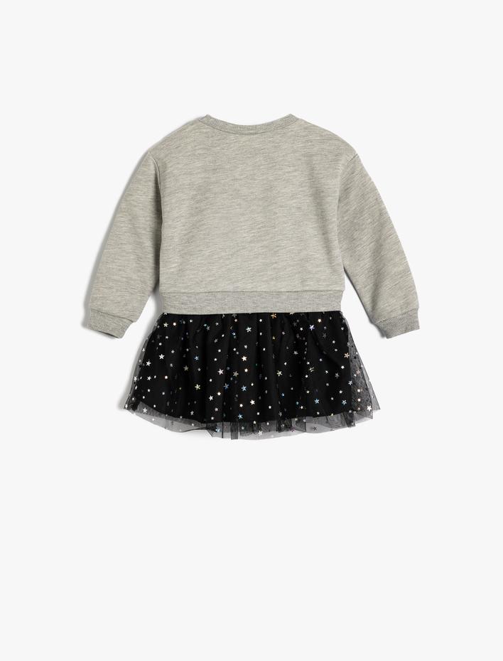 Kız Bebek Sweat Elbise Tütü Etek Detaylı Yuvarlak Yaka Uzun Kollu Baskılı Pamuklu Şardonlu