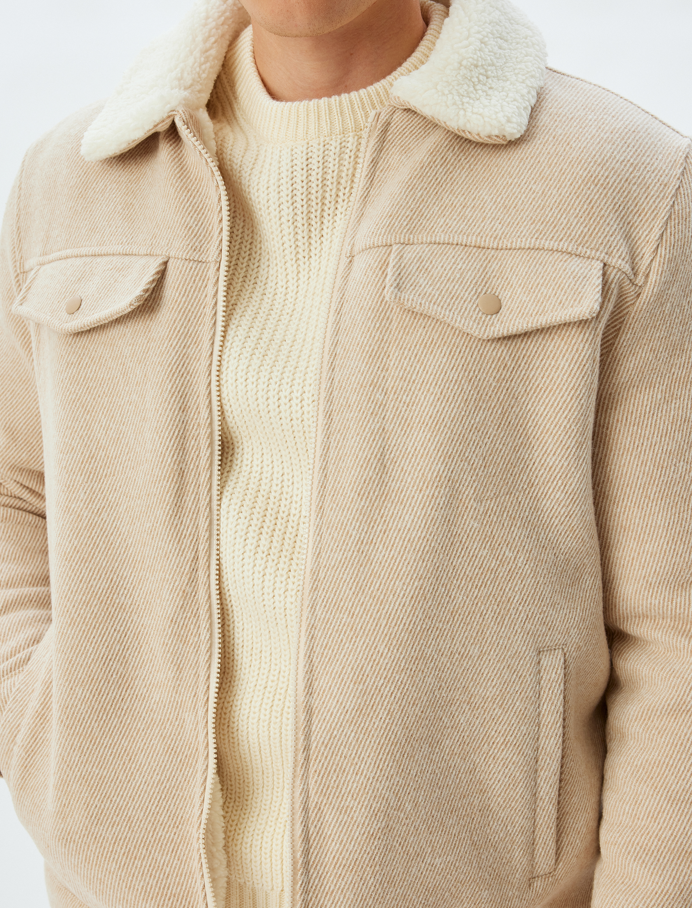 Peluş Yaka Ceket Slim Fit Cep Detaylı Fermuarlı Pamuk Karışımlı