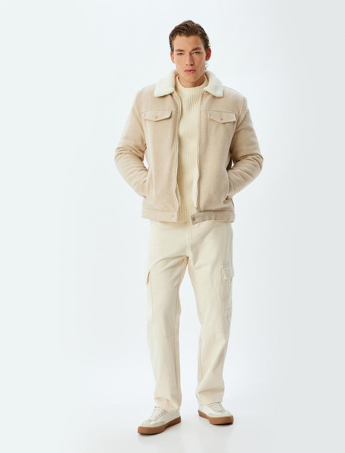  Peluş Yaka Ceket Slim Fit Cep Detaylı Fermuarlı Pamuk Karışımlı