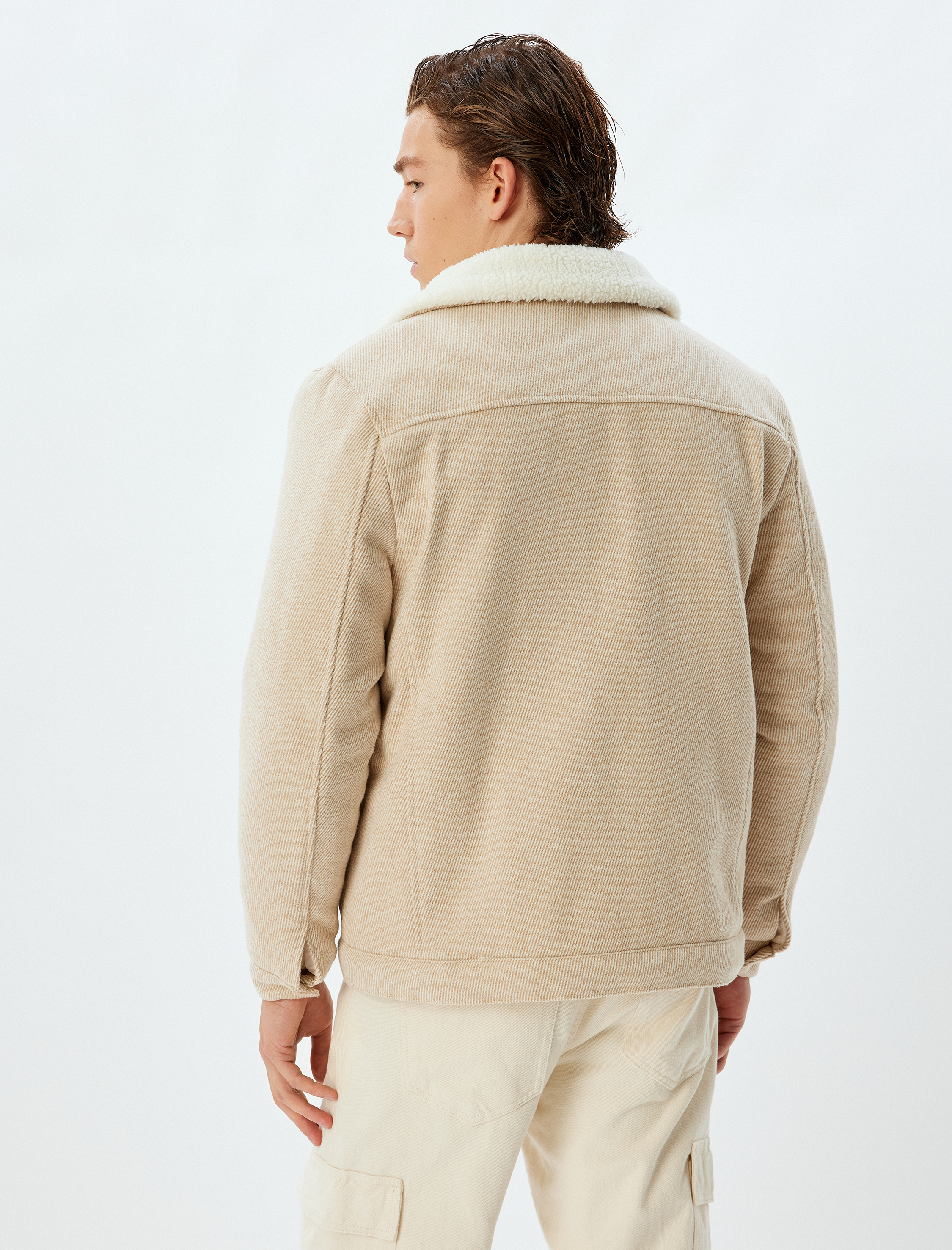 Peluş Yaka Ceket Slim Fit Cep Detaylı Fermuarlı Pamuk Karışımlı