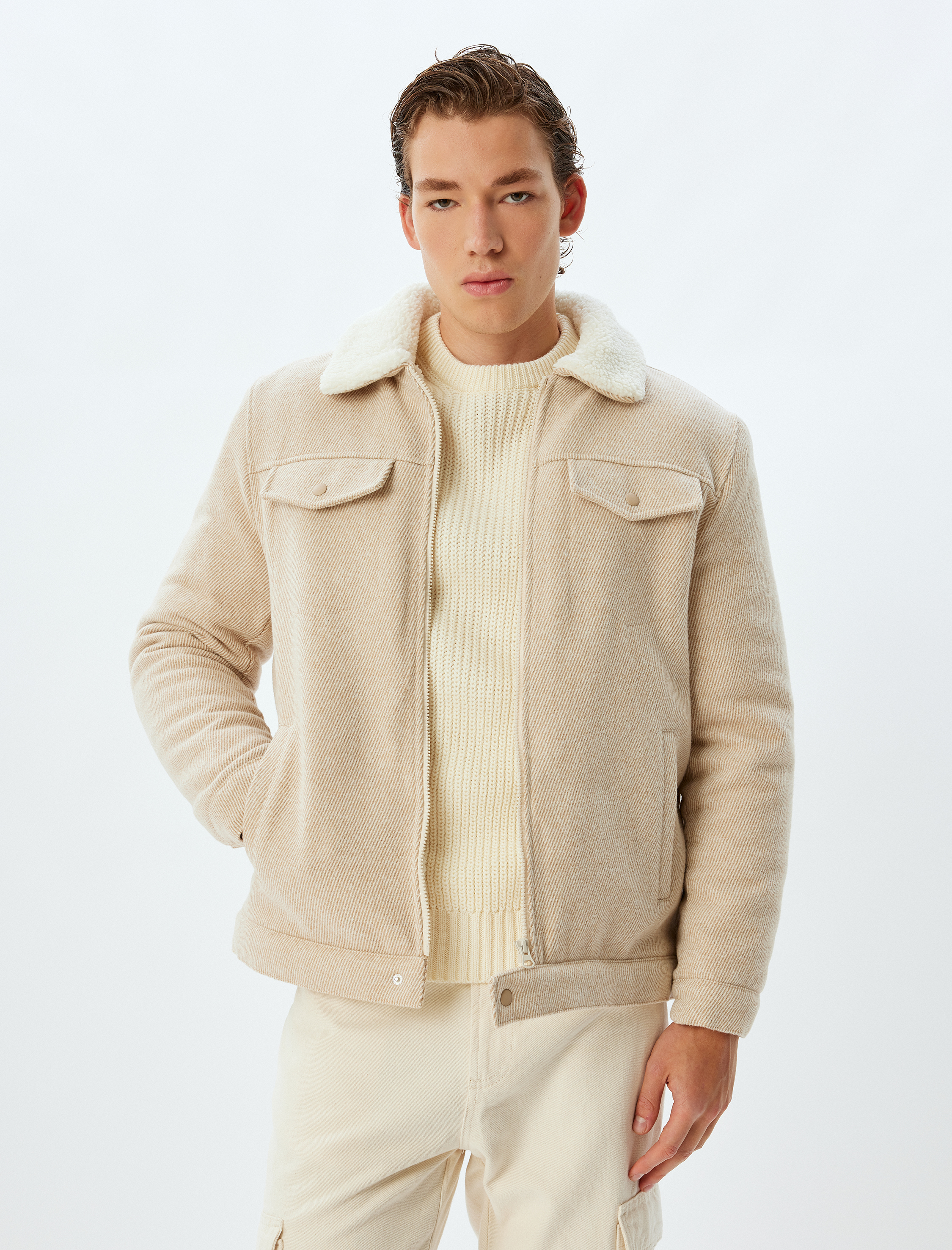 Peluş Yaka Ceket Slim Fit Cep Detaylı Fermuarlı Pamuk Karışımlı