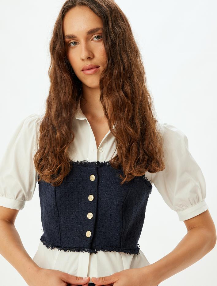  Kısa Balon Kol Crop Gömlek Tüvit Detaylı