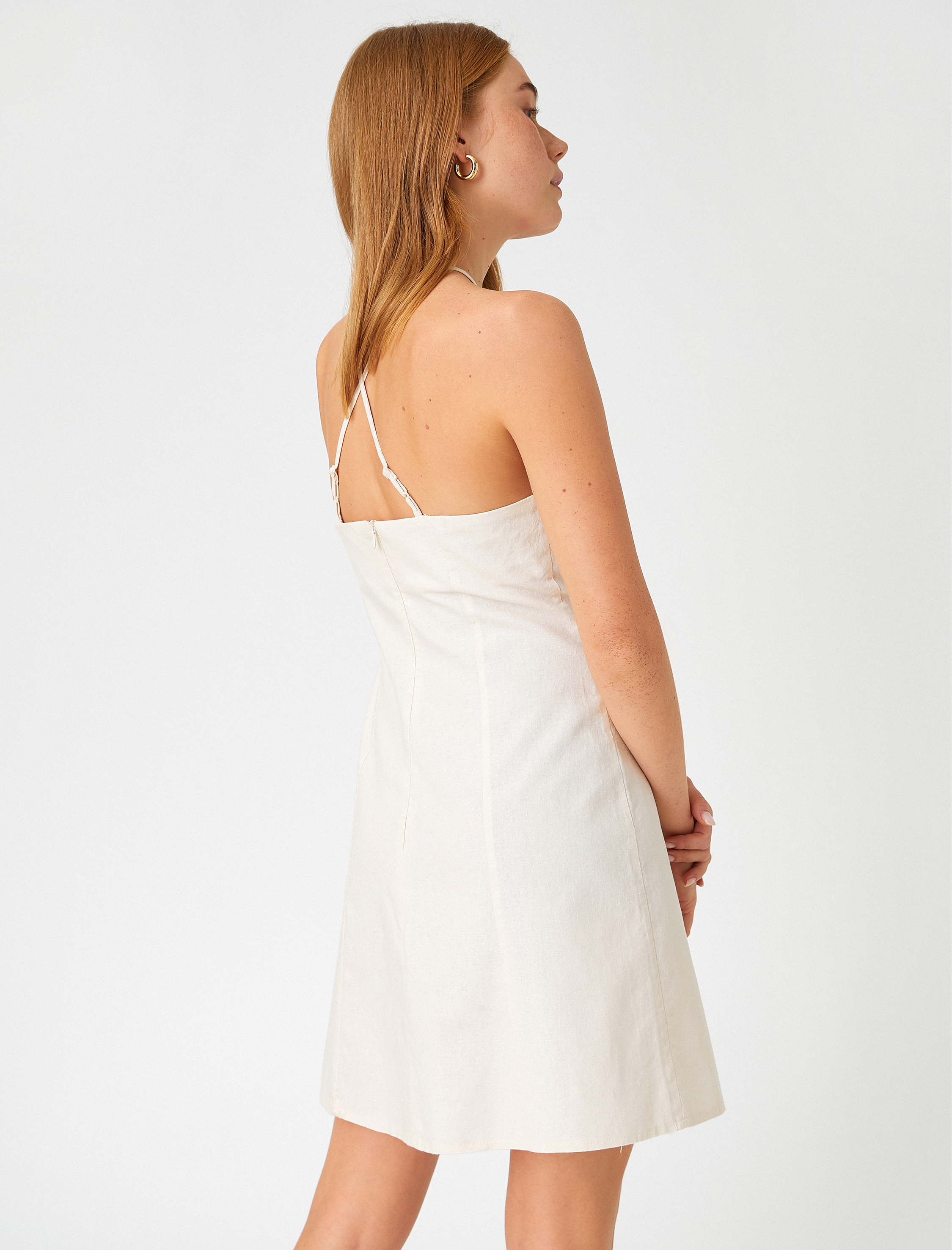   Mini Elbise Halter Yaka Keten Karışımlı