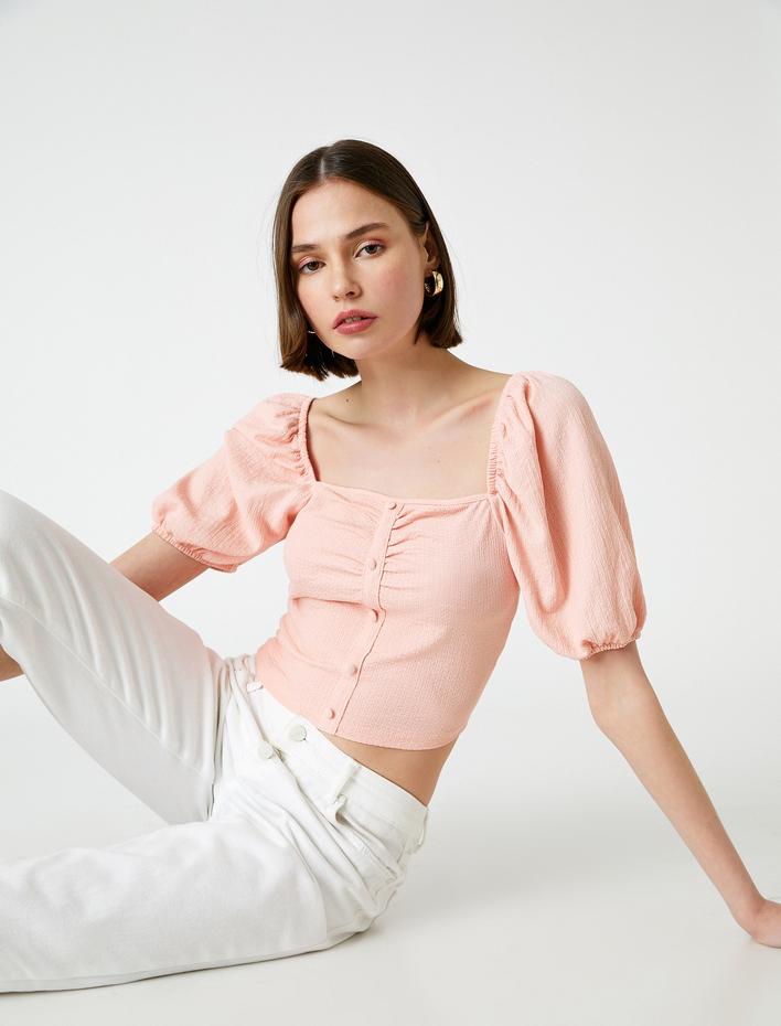  Balon Kollu Büzgülü Bluz