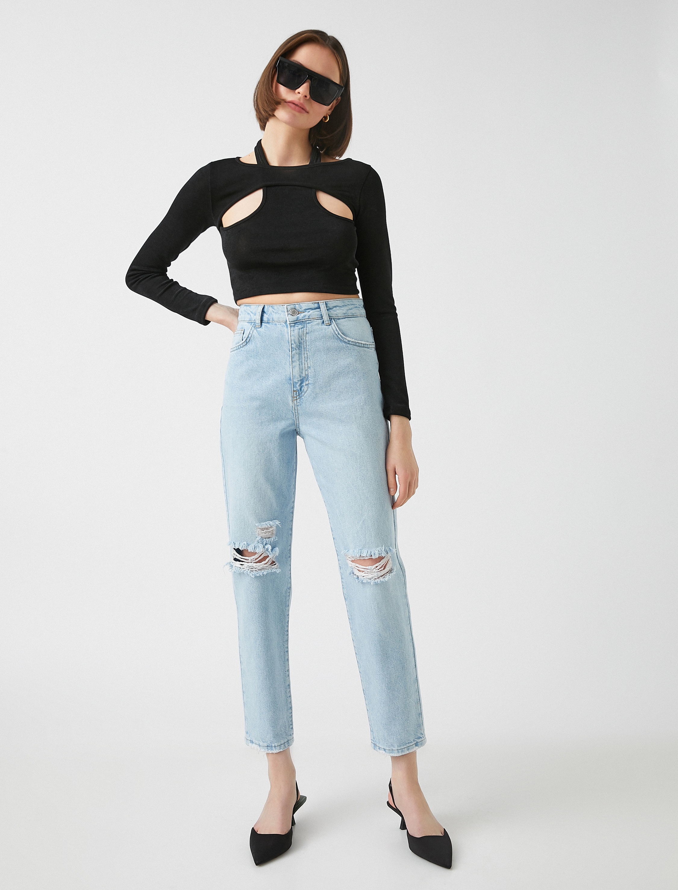   Dizleri Yırtık Kot Pantolon - Mom Jean