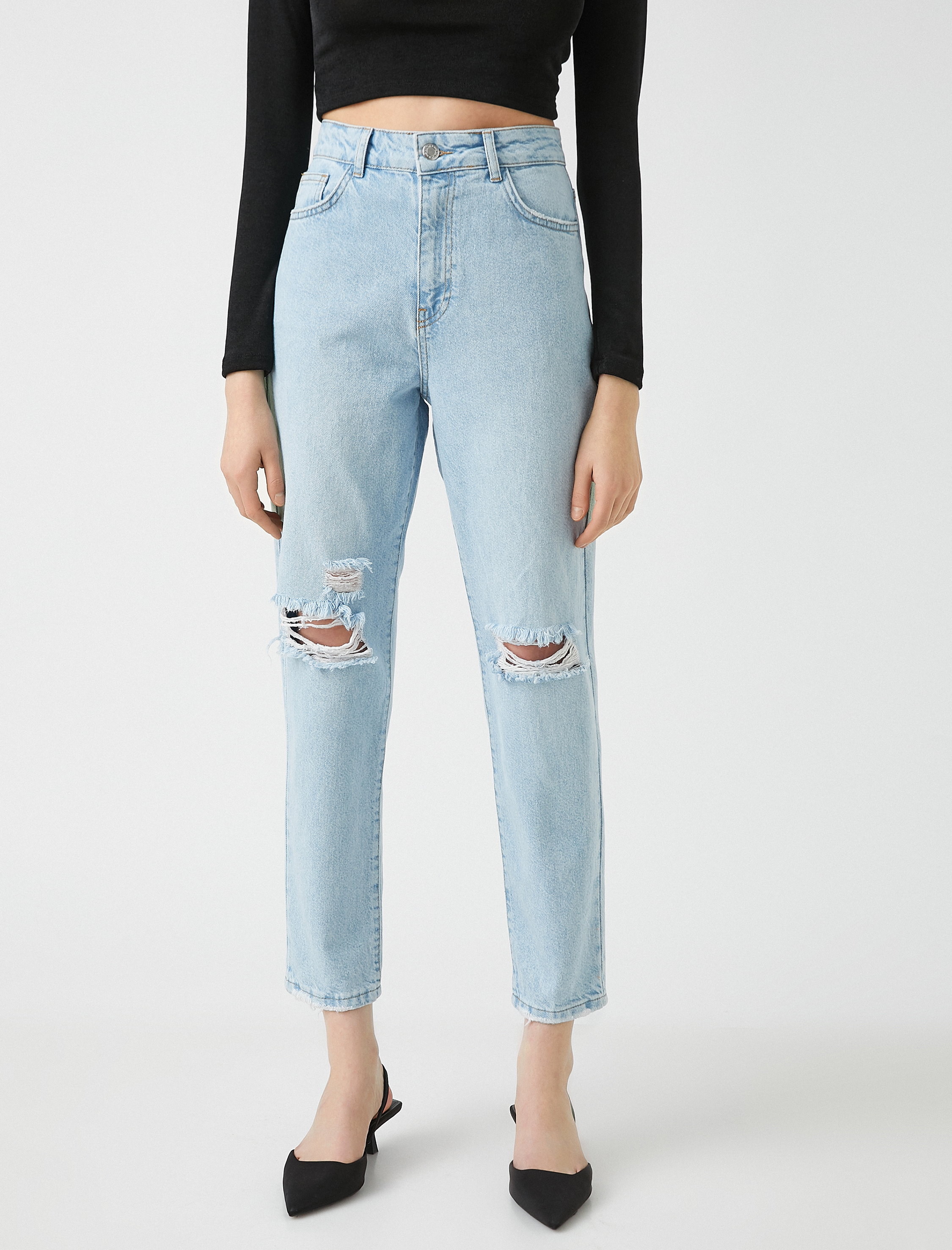   Dizleri Yırtık Kot Pantolon - Mom Jean