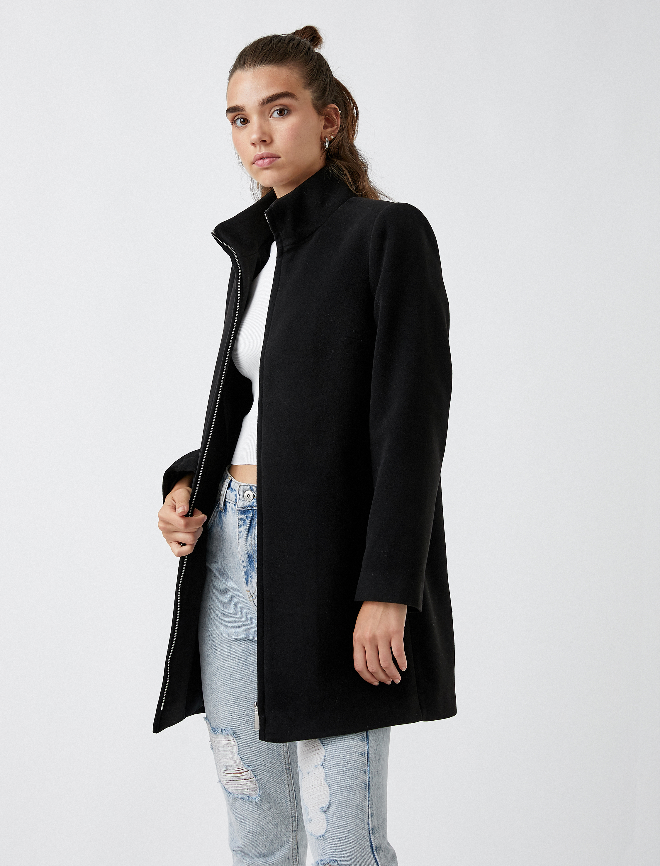   Fermuarlı Cepli Kaşe Kaban