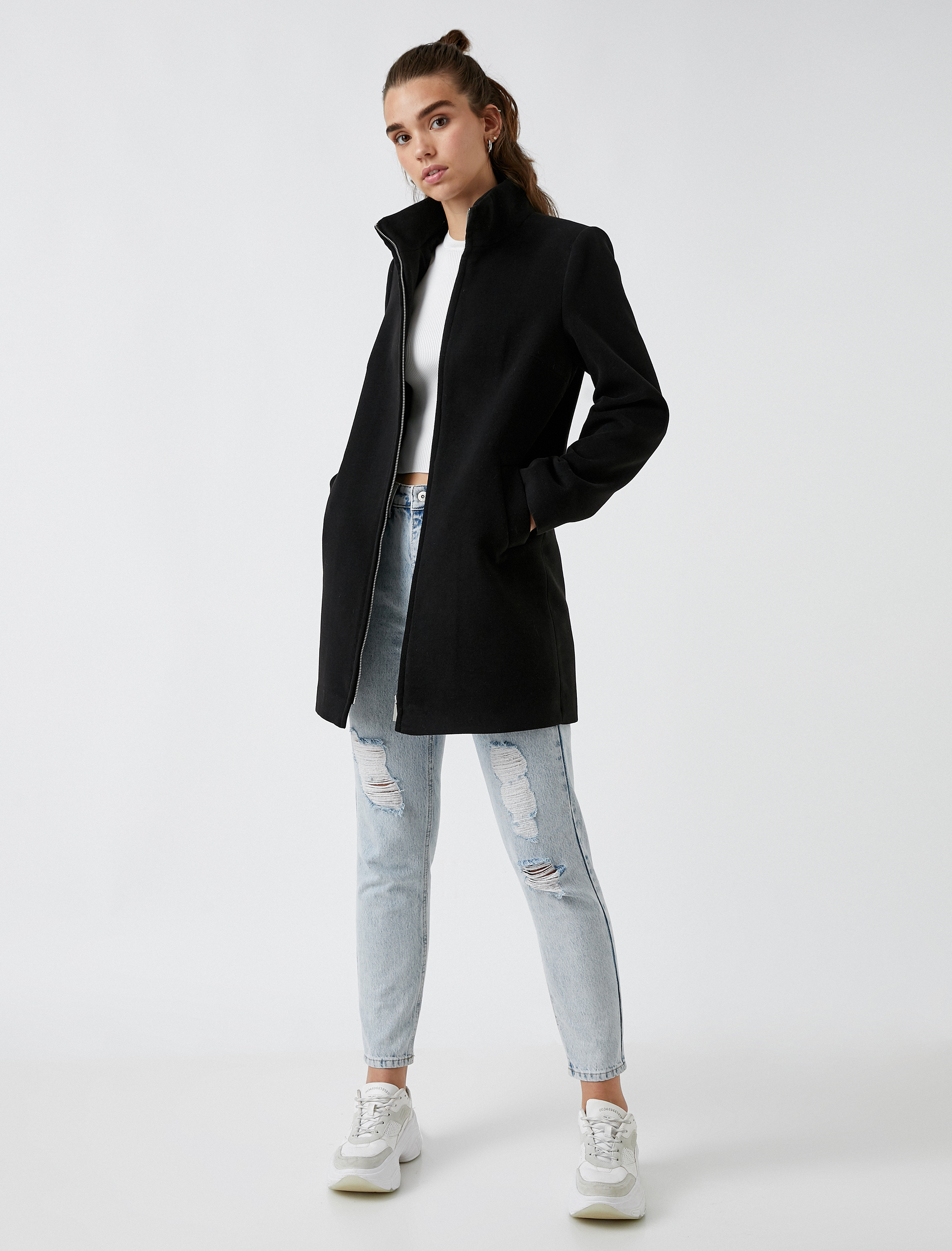   Fermuarlı Cepli Kaşe Kaban