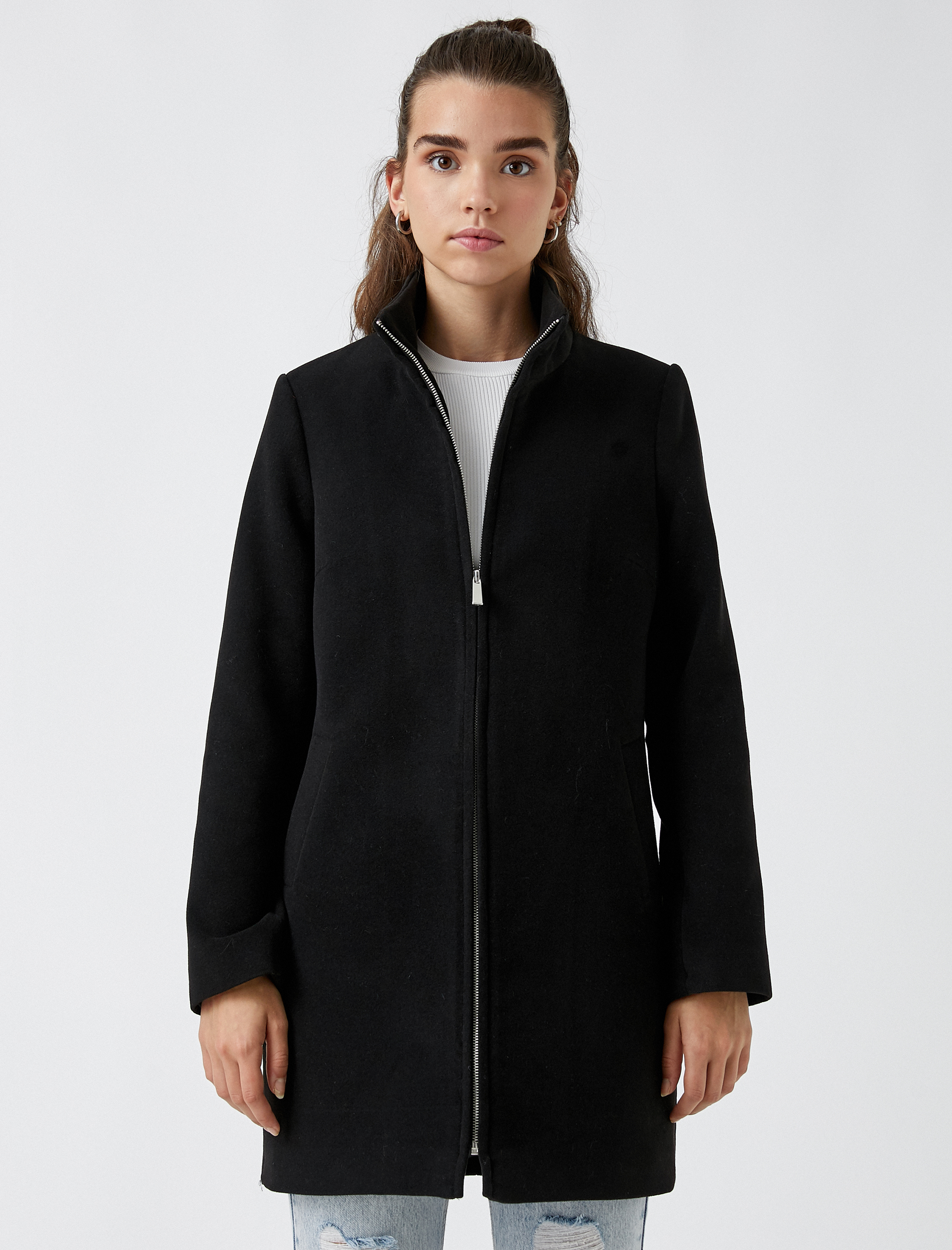   Fermuarlı Cepli Kaşe Kaban