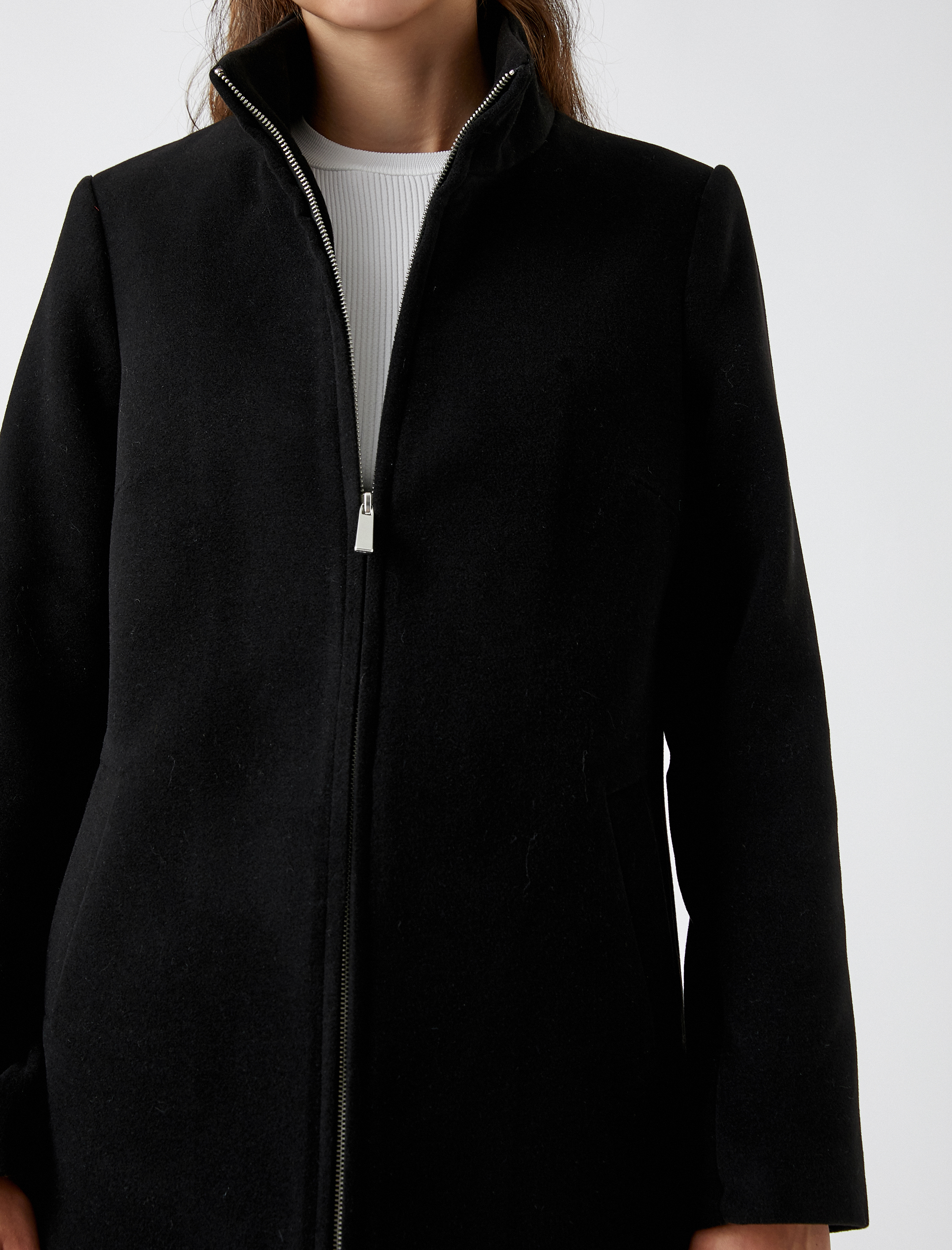   Fermuarlı Cepli Kaşe Kaban