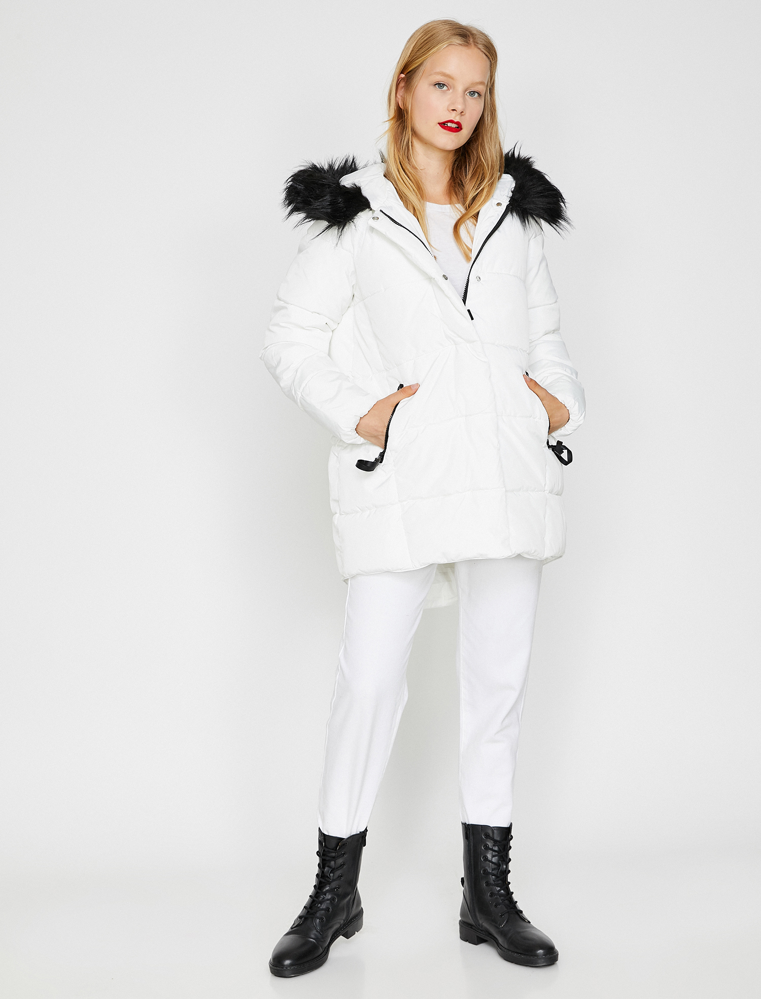   Suni Kürk Kapüşonlu Uzun Şişme Mont