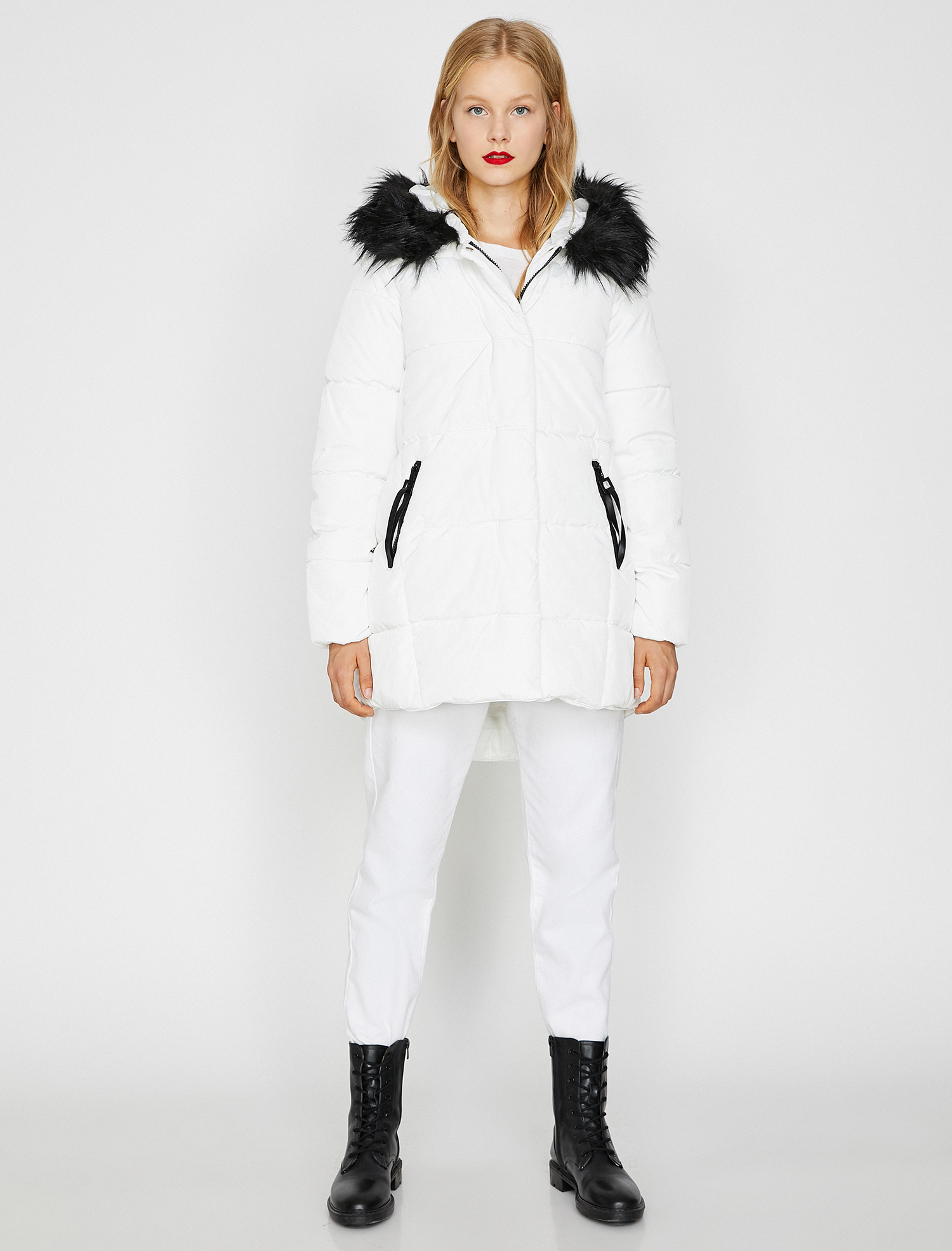   Suni Kürk Kapüşonlu Uzun Şişme Mont