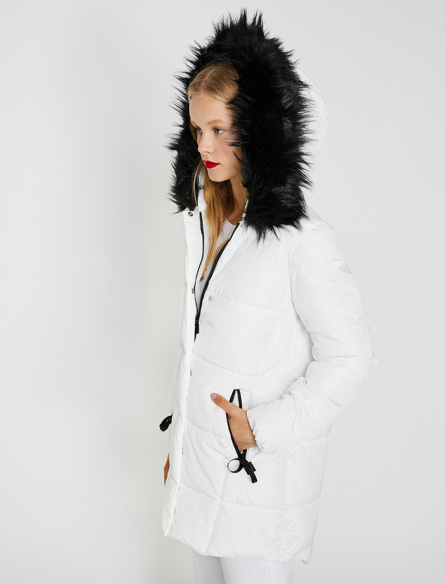   Suni Kürk Kapüşonlu Uzun Şişme Mont