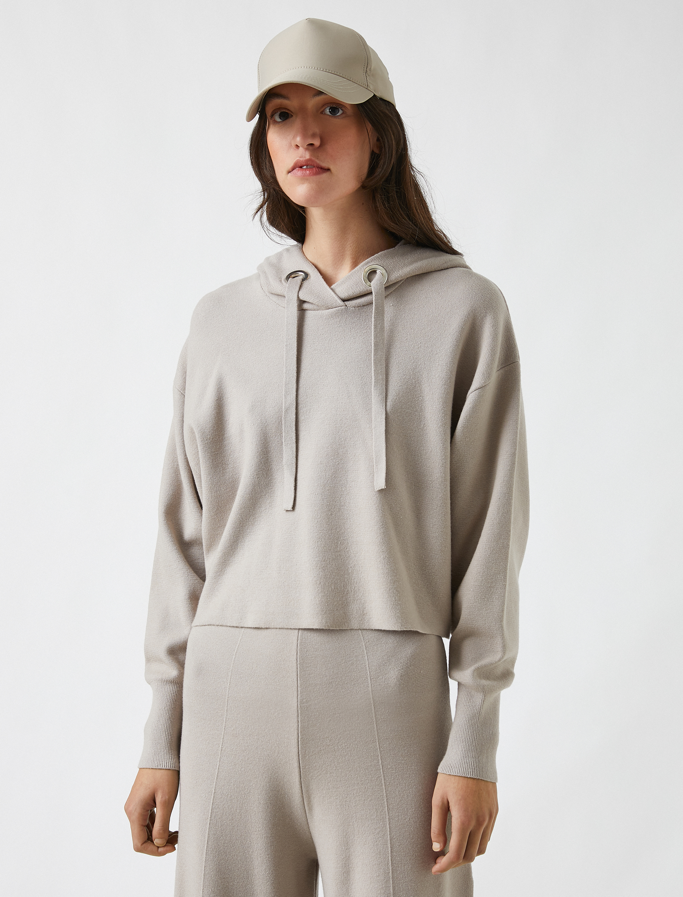   Kapüşonlu Triko Kazak Uzun Kollu