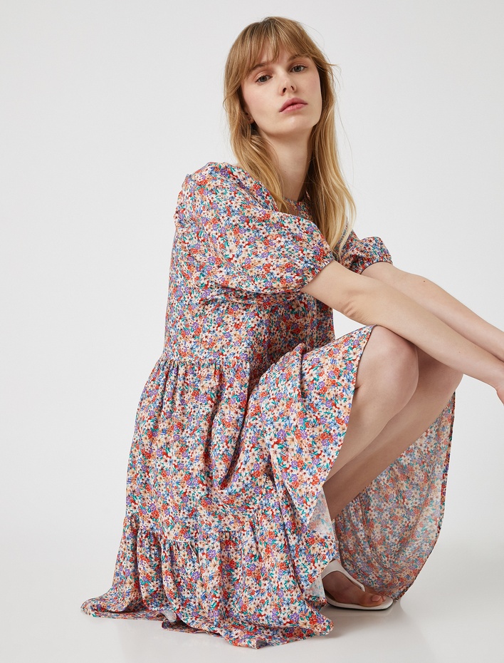  Çiçekli Yazlık Elbise Kısa Kollu