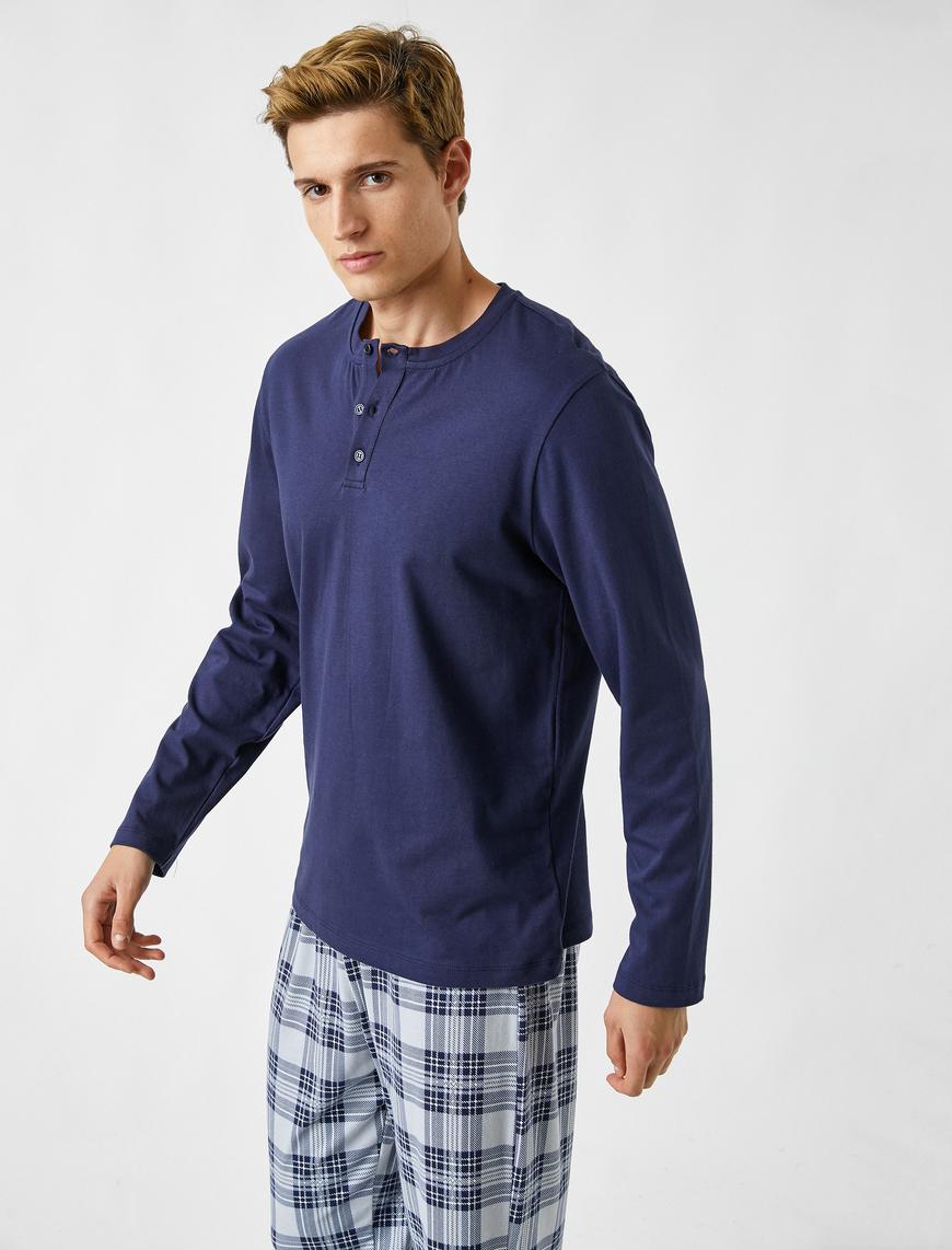   Pamuklu Yakası Düğmeli Pijama Üstü