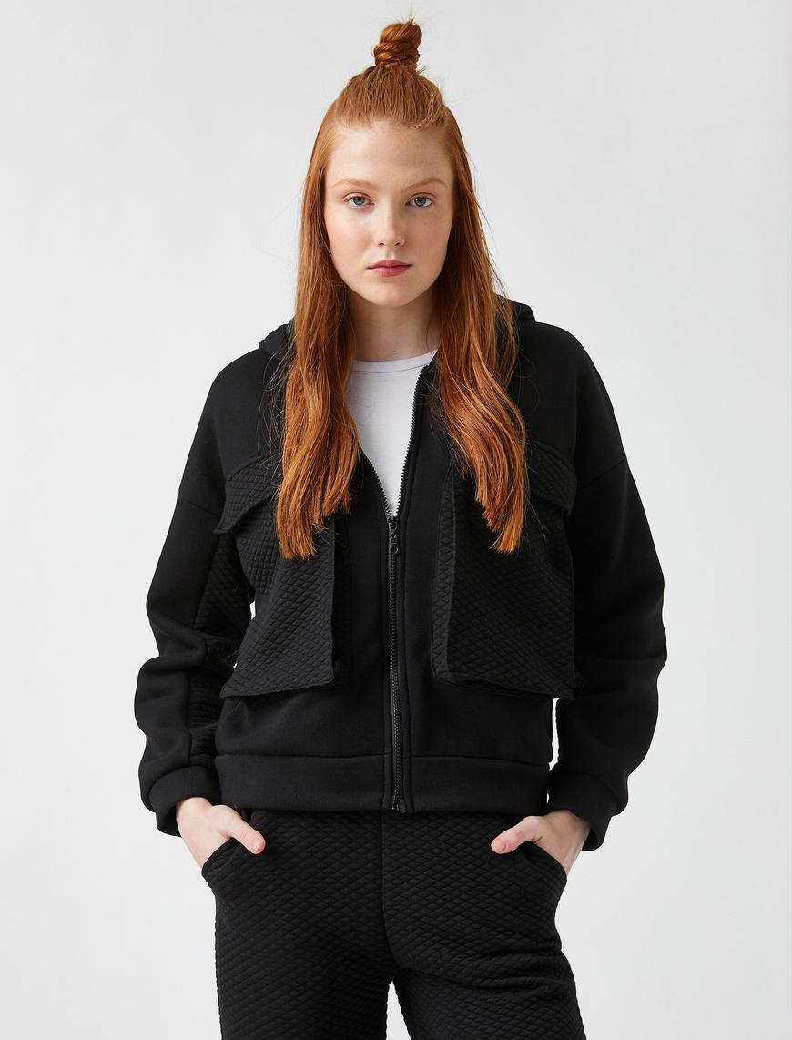   Kapüşonlu Cepli Fermuarlı Sweatshirt
