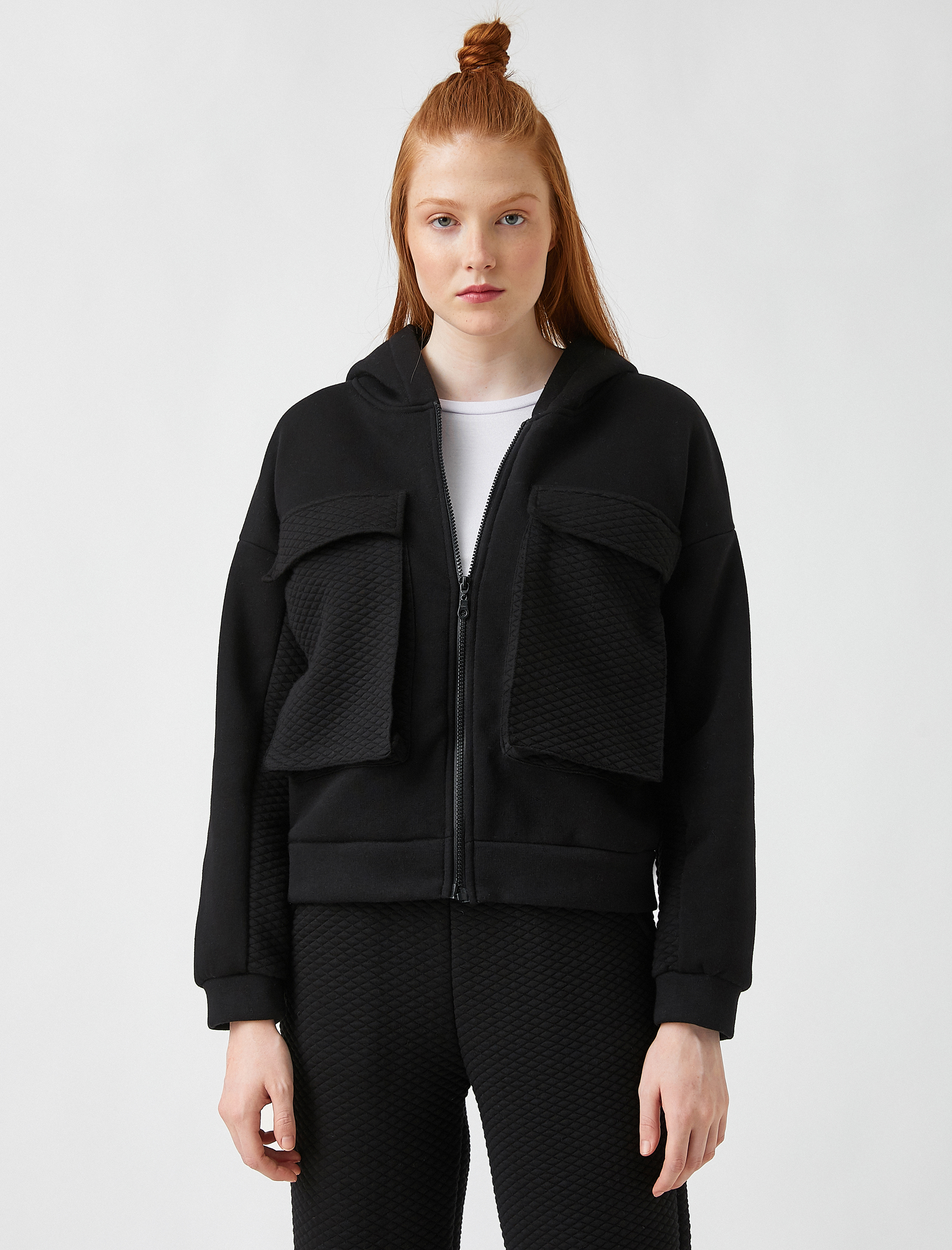   Kapüşonlu Cepli Fermuarlı Sweatshirt