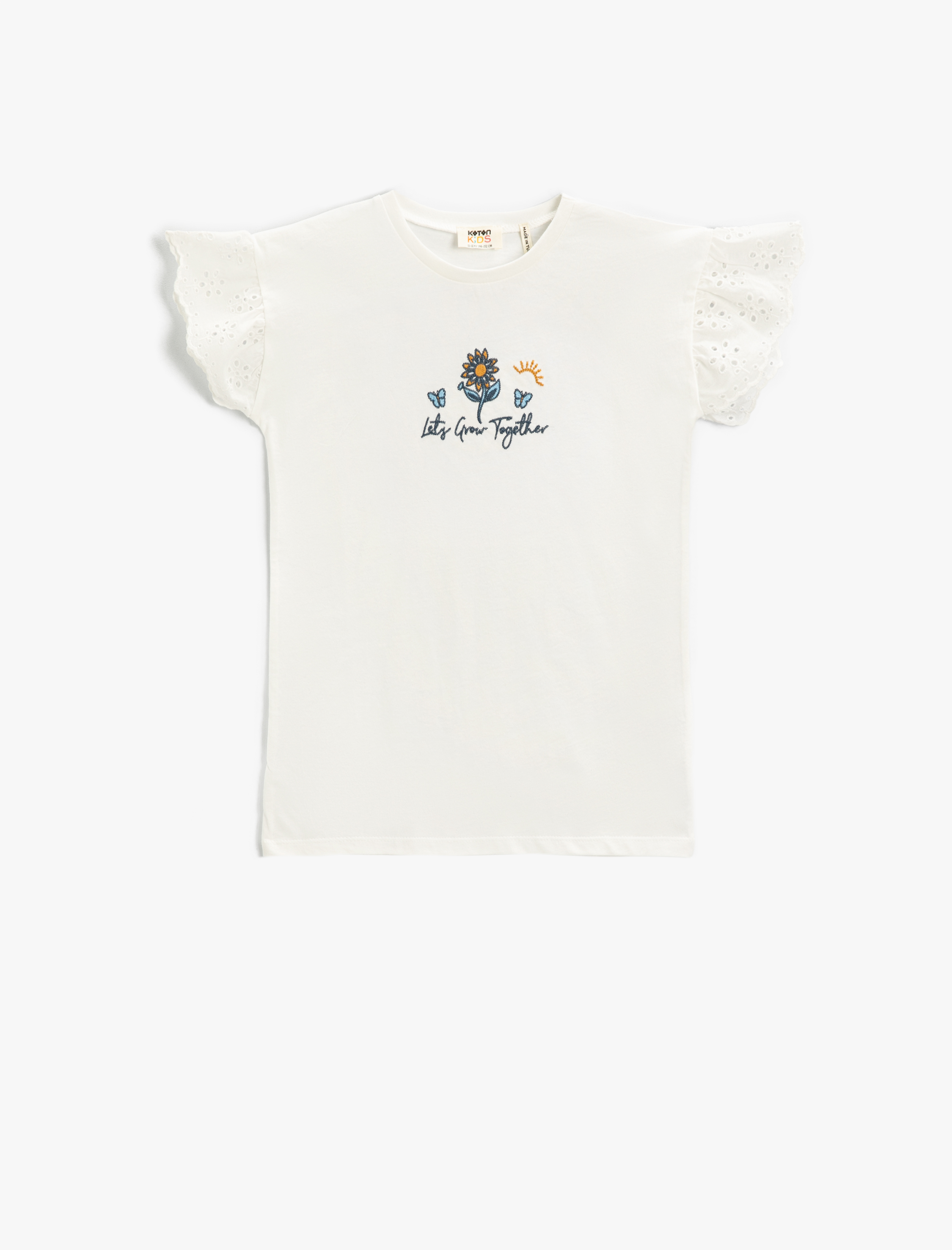  Kız Çocuk Kolları Dantelli Çiçek İşlemeli Tişört Pamuklu