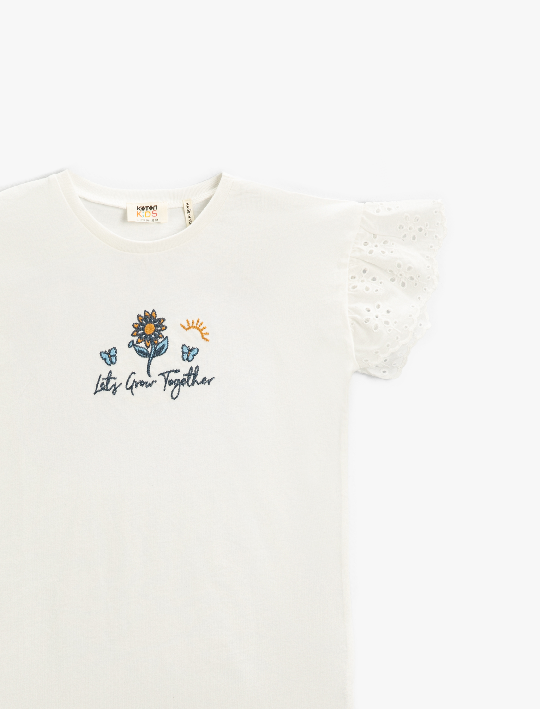  Kız Çocuk Kolları Dantelli Çiçek İşlemeli Tişört Pamuklu