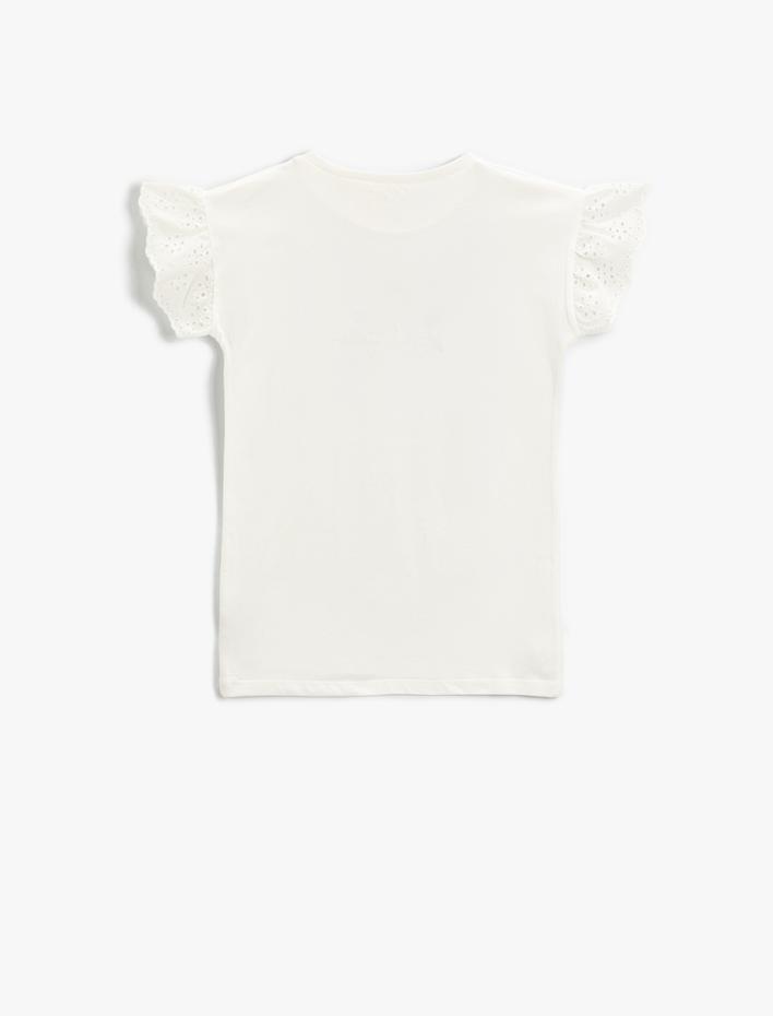 Kız Çocuk Kolları Dantelli Çiçek İşlemeli Tişört Pamuklu