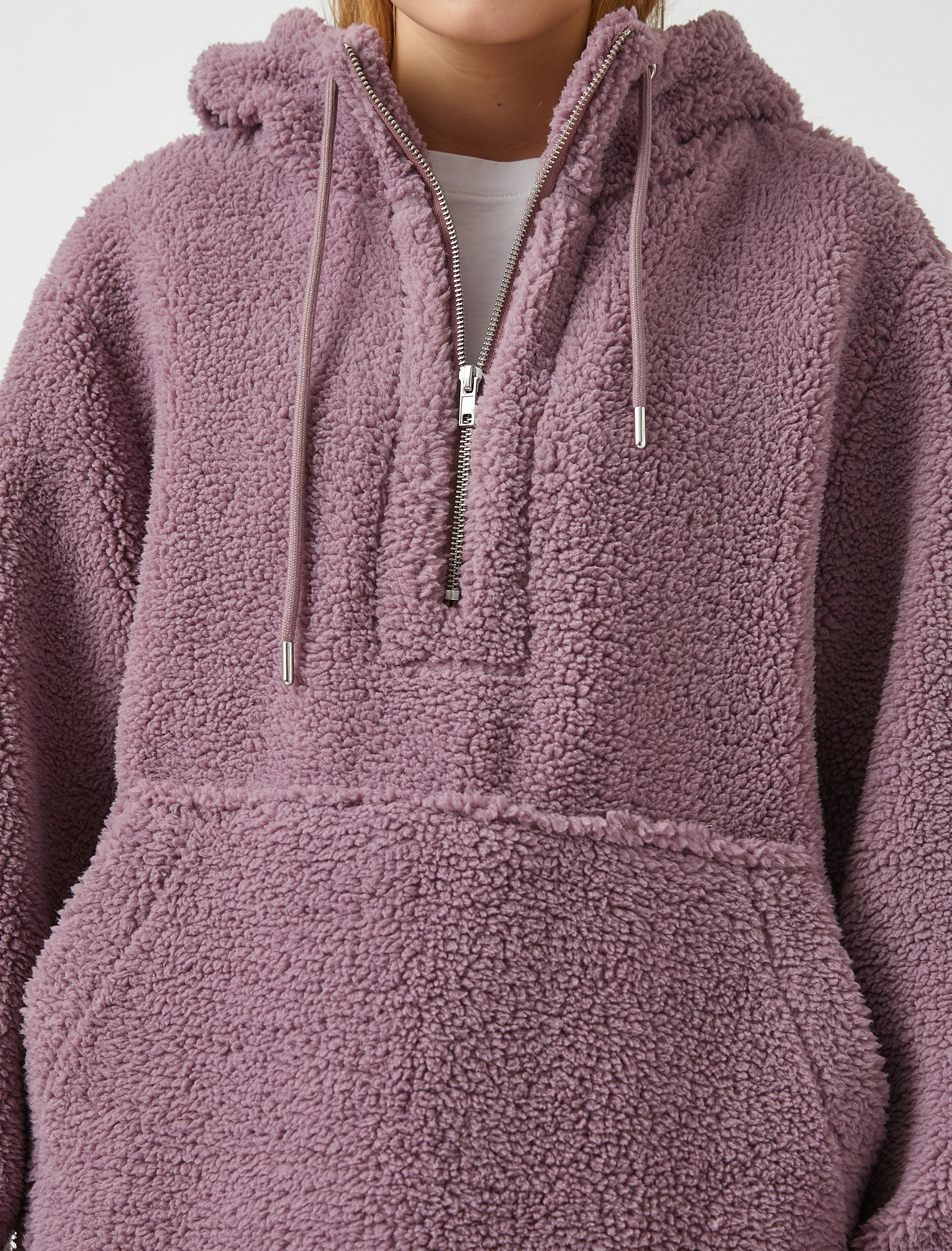   Fermuarlı Kanguru Cepli Pelüş Ceket