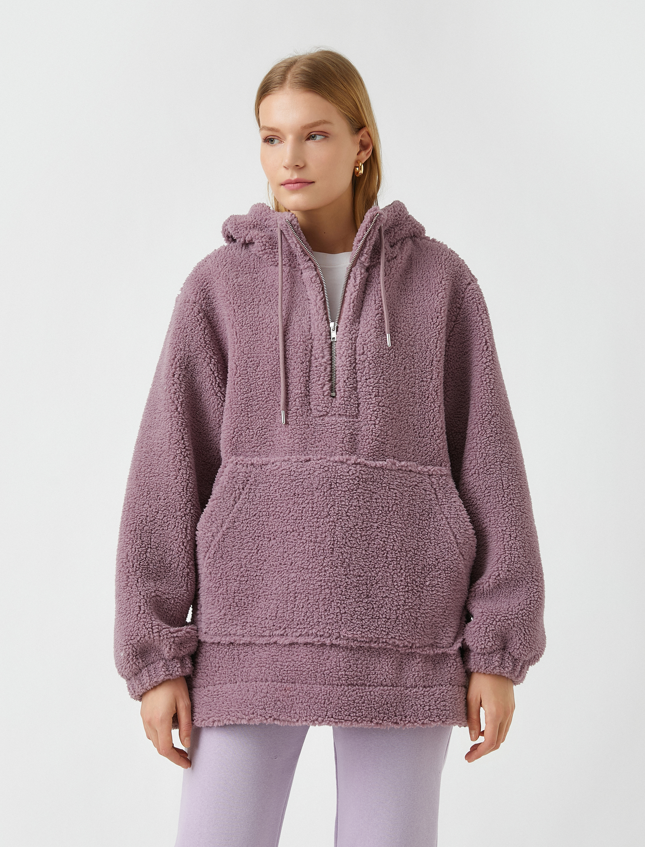   Fermuarlı Kanguru Cepli Pelüş Ceket