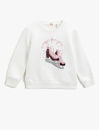 Paten Baskılı Pullu Sweatshirt Uzun Kollu Pamuklu