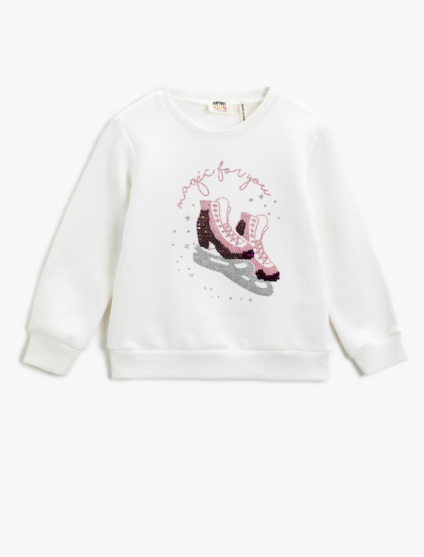  Kız Çocuk Paten Baskılı Pullu Sweatshirt Uzun Kollu Pamuklu