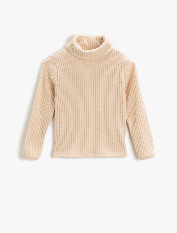 Kız Çocuk Dokulu Boğazlı Uzun Kollu Tişört