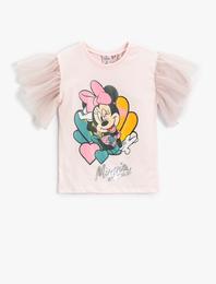 Minnie Mouse Baskılı Kısa Tül Kollu Lisanslı Tişört Pamuklu